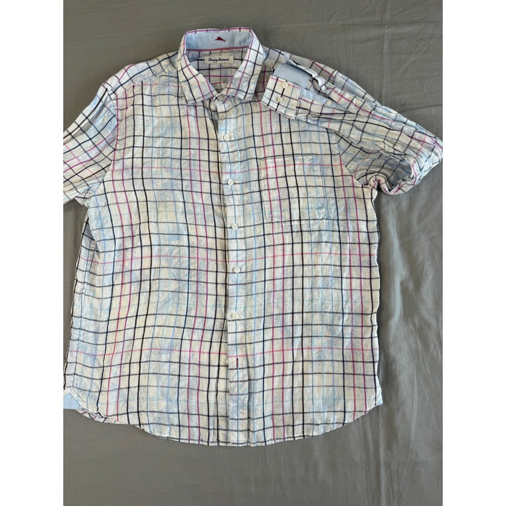 Tommy Bahama‎ Mens Linen Shirt Large Pastel Plaid Pattern Casual Long Sleeve